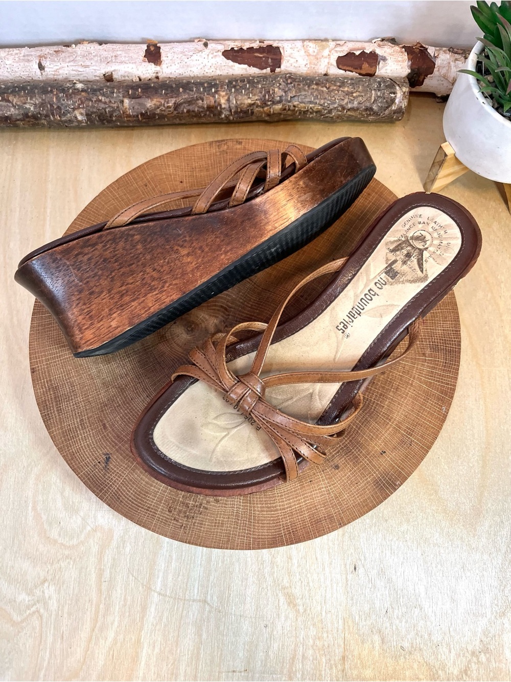 Vintage No Boundaries Leather Wooden Wedge Sandals - Size 7.5 - Boho Y2K - Picture 7 of 15